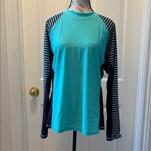Teal and Navy Striped Long Sleeve Swim Shirt  SPF 50